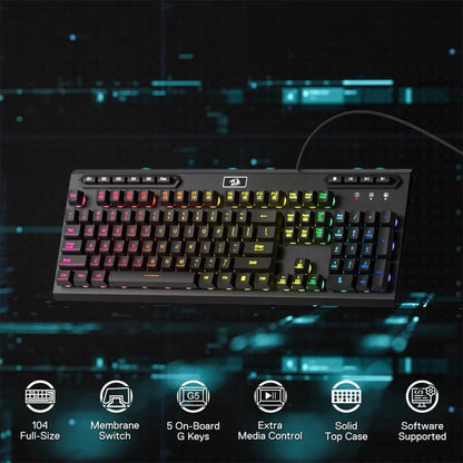 Redragon K513 RGB gaming keyboard (black) with feature callouts: 104 keys, Membrane Switch and 5 On-Board G Keys (macro keys)