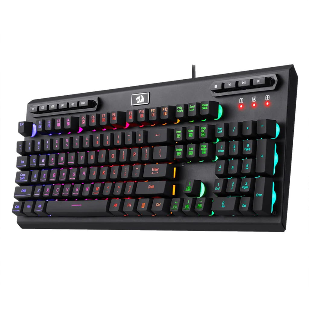 Redragon K513 Aditya gaming keyboard from the right side, showcasing its full layout, illuminated keys & dedicated media controls