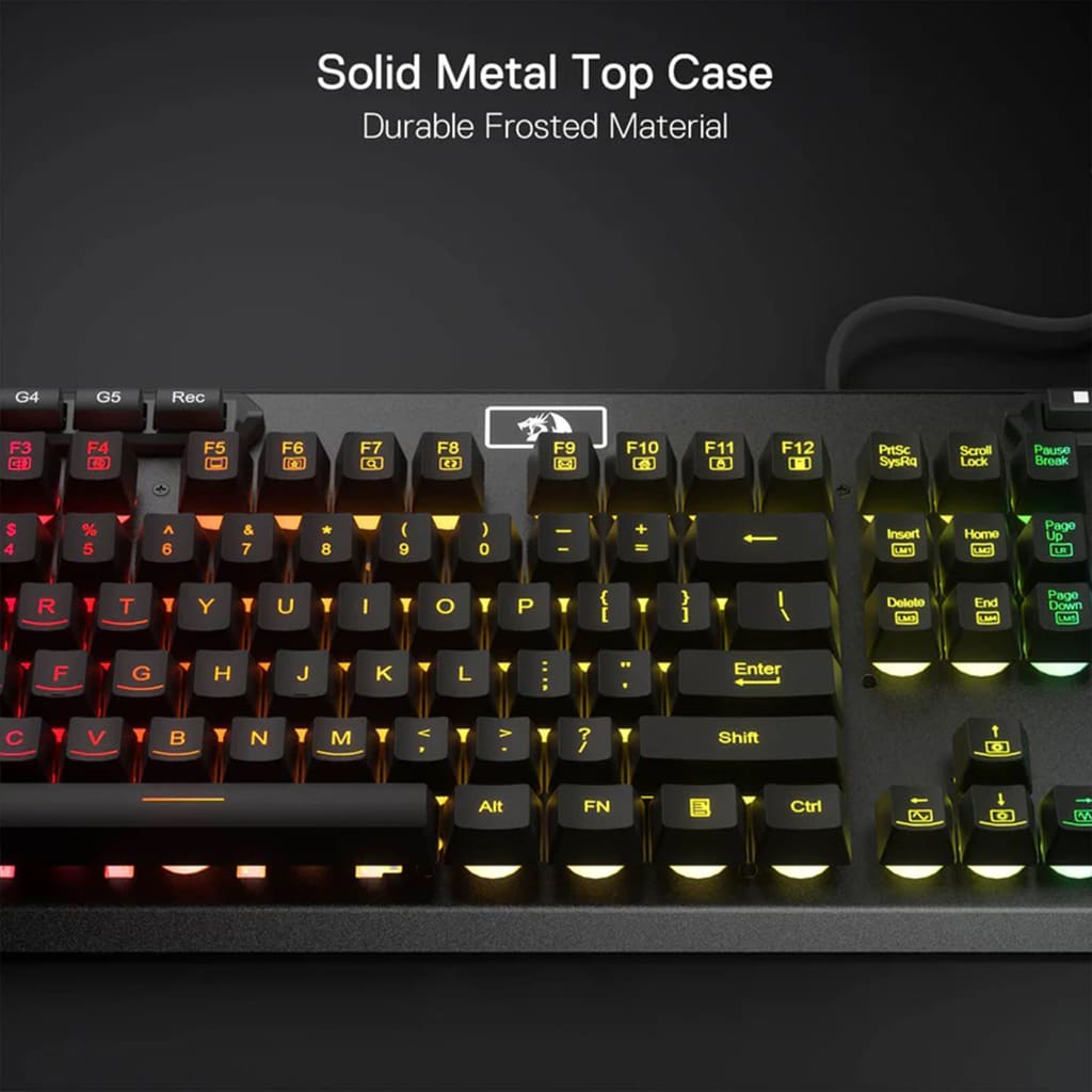Redragon K513 Aditya Membrane RGB Keyboard (black) showcasing its Solid Metal Top Case and Durable Frosted Material construction