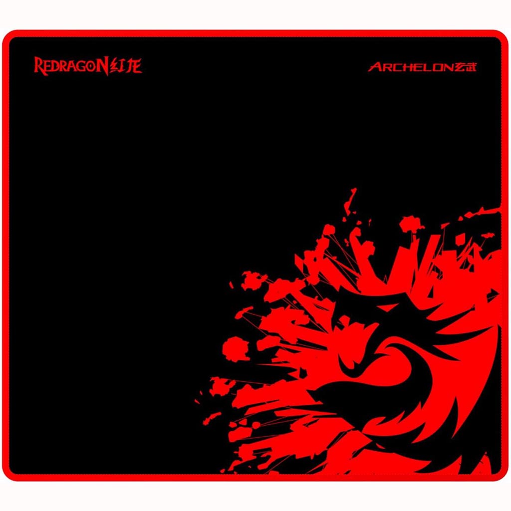 Redragon Archelon P001 black gaming mouse pad featuring a striking red abstract design and red stitched edges