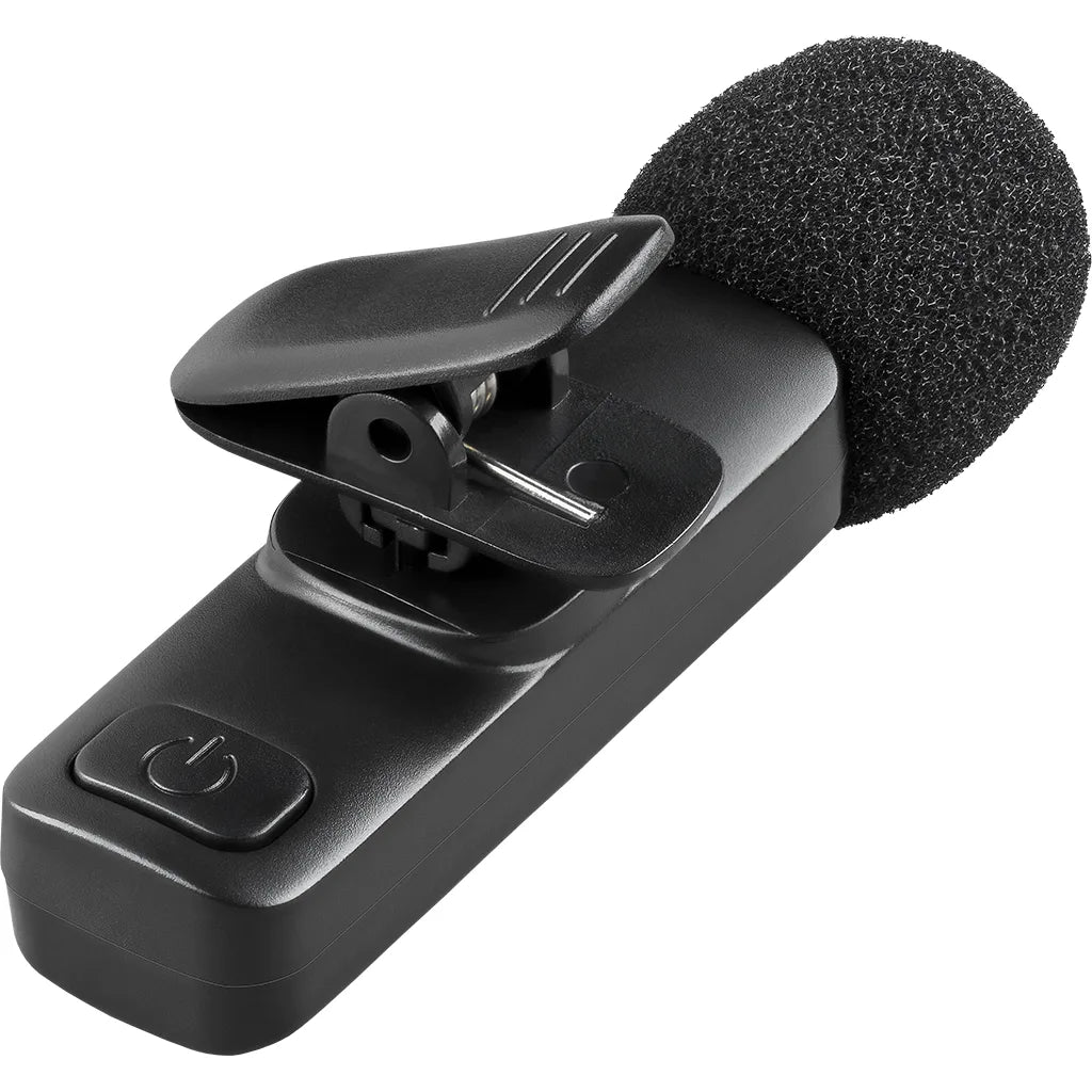 Black lavalier microphone with clip on a white background
