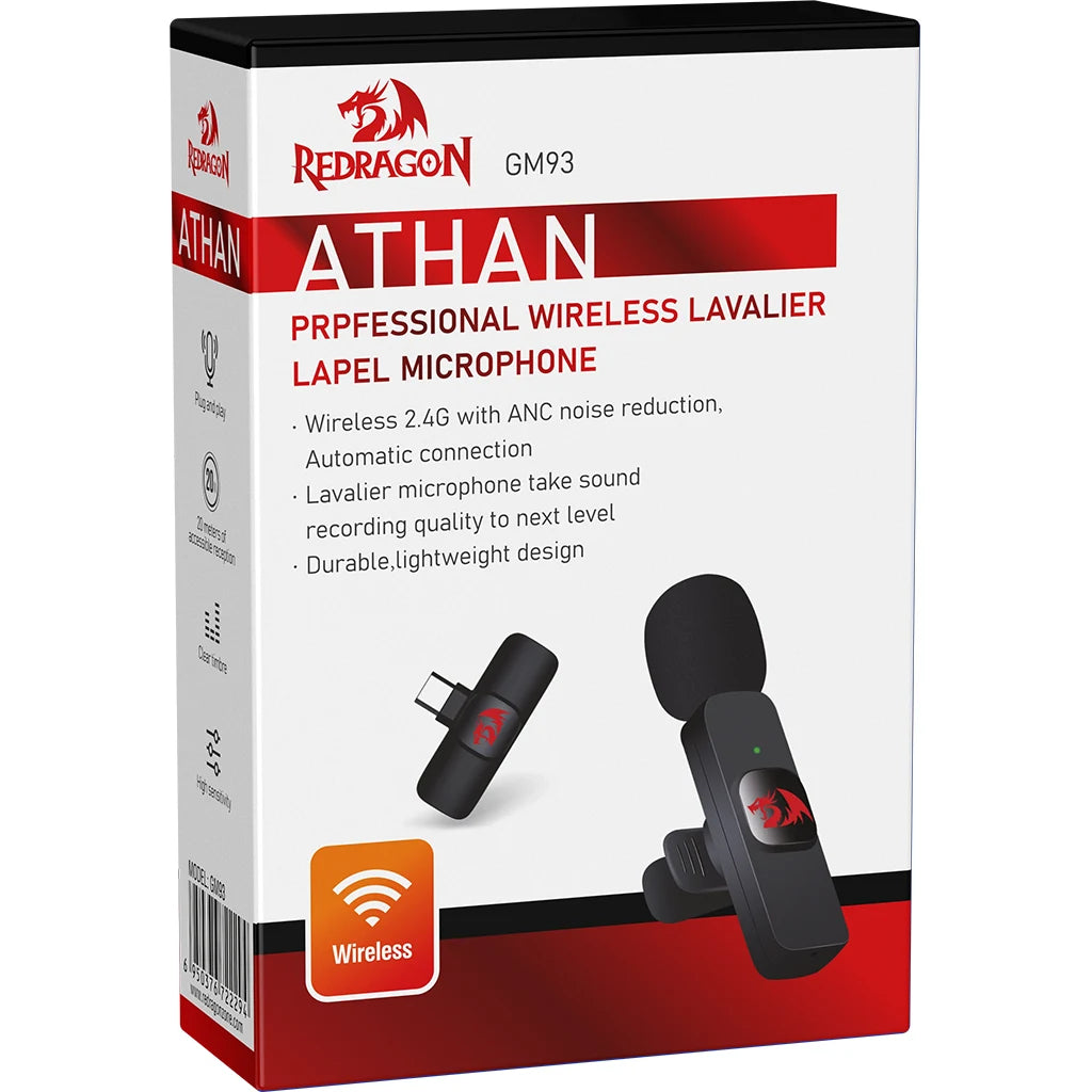 Redragonathan professional wireless lavalier lapel microphone packaging on a white background