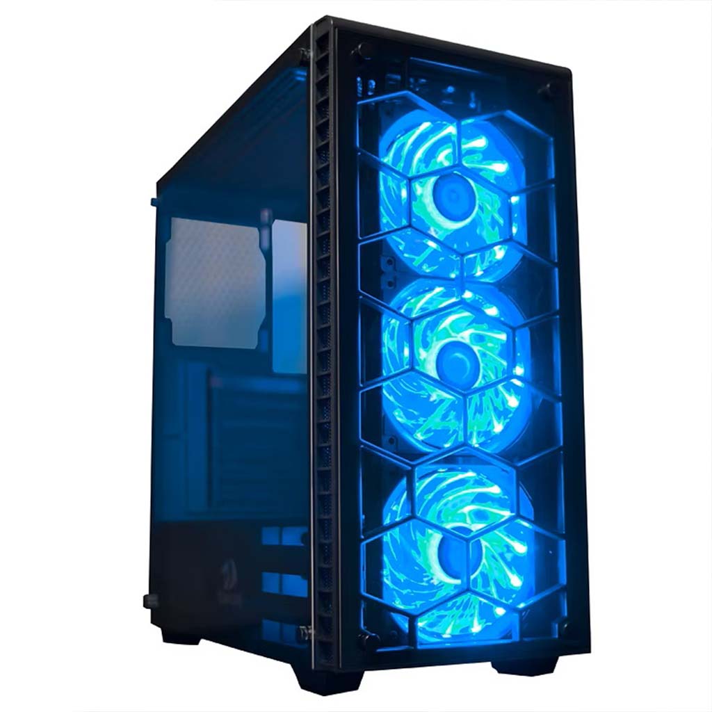 Computer case with blue LED fans on a white background