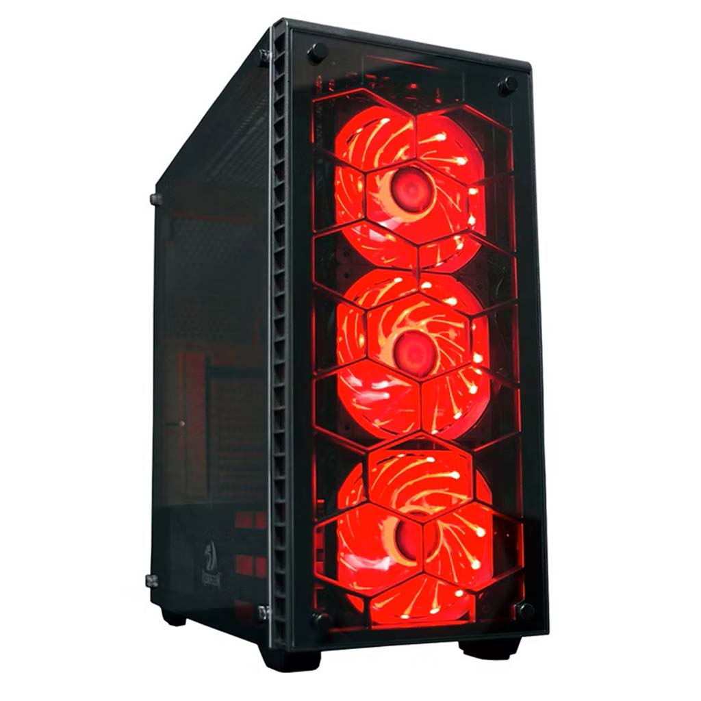 Computer case with red LED fans on a white background