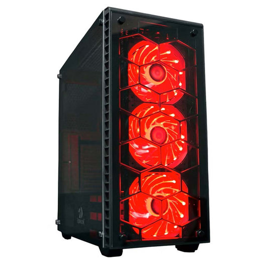 Computer case with red LED fans on a white background