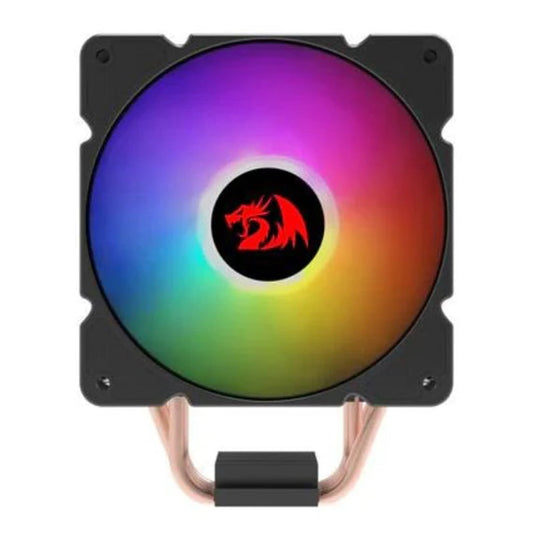 Redragon CC-2000 RGB CPU cooler with a vibrant gradient fan, featuring a central black dragon logo and copper heat pipes.