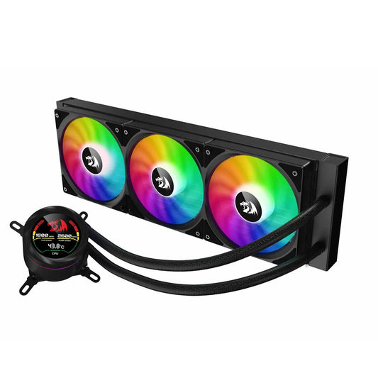 The Redragon CCW1017 is a computer liquid cooling system with a triple-fan radiator and RGB lighting, connected by braided tubes