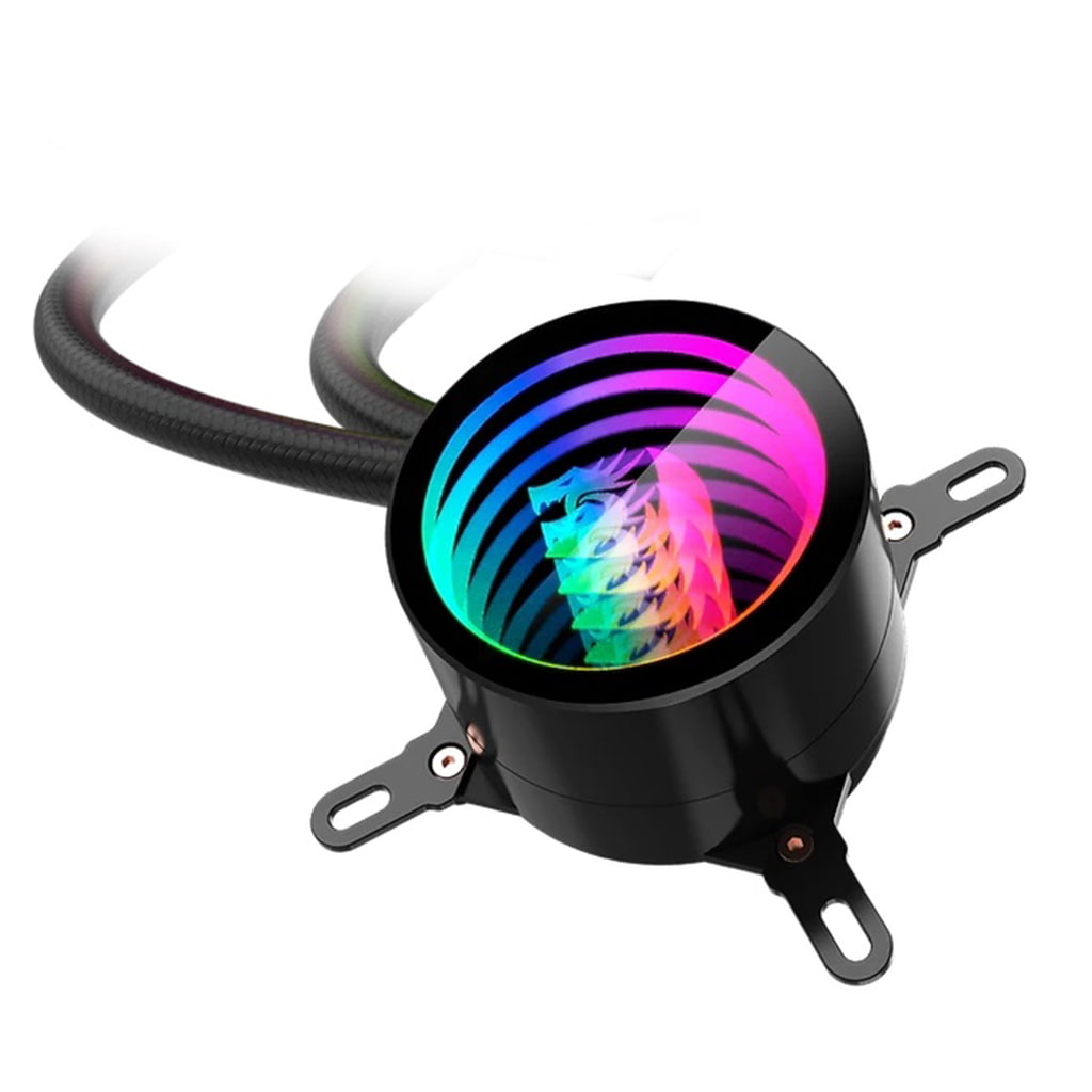 Redragon ccw 3011 computer CPU cooler with black mounting brackets & a circular top featuring colorful RGB LED lighting