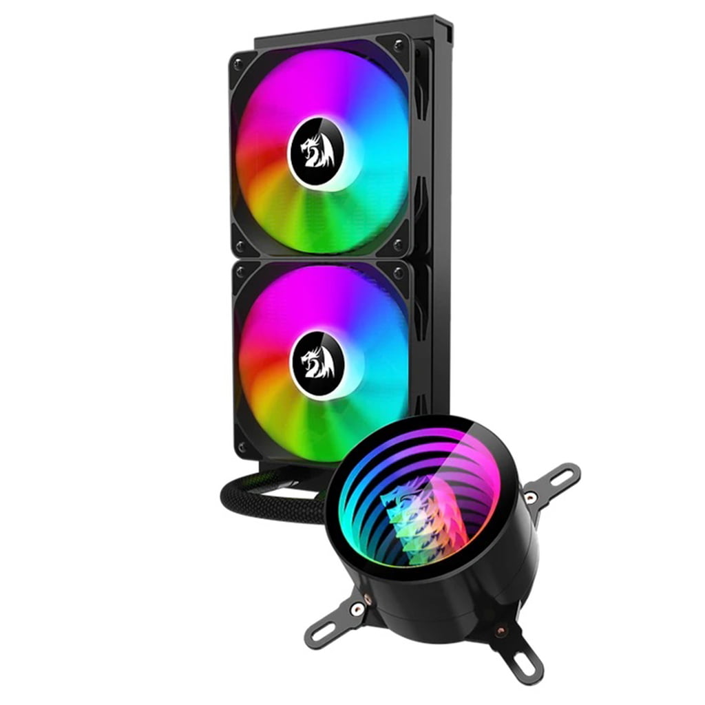 Redragon CCW-3011 black liquid cooling system with 2 RGB-lit fans & a matching CPU water block, featuring vibrant rainbow lighting effects.