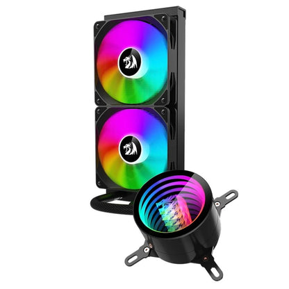 Redragon CCW-3011 black liquid cooling system with 2 RGB-lit fans & a matching CPU water block, featuring vibrant rainbow lighting effects.