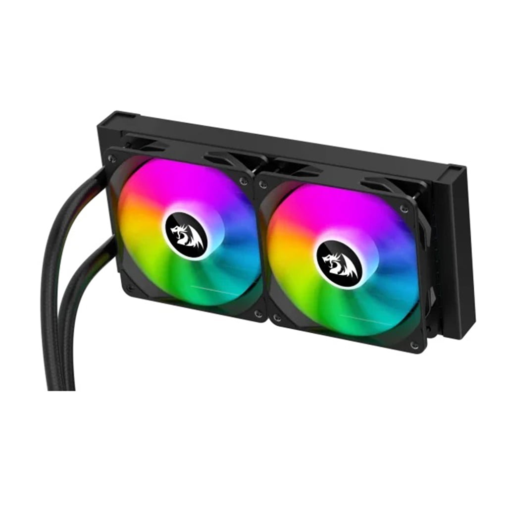 The Redragon CCW 3011 is a black computer liquid cooling system with 2 RGB LED fans, vibrant lighting, a radiator & braided white tubing