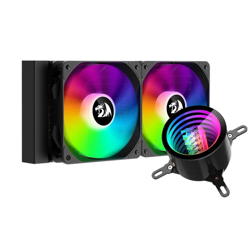 Redragon CCW 3011 white with two RGB-lit fans and a cylindrical CPU water block, both displaying vibrant multicolor lighting