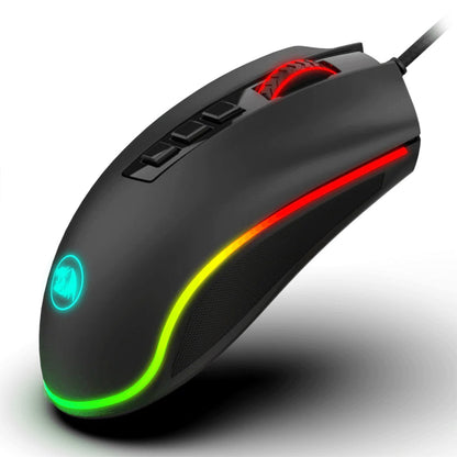 Left side view of the black Redragon M711 FPS gaming mouse with illuminated RGB lighting