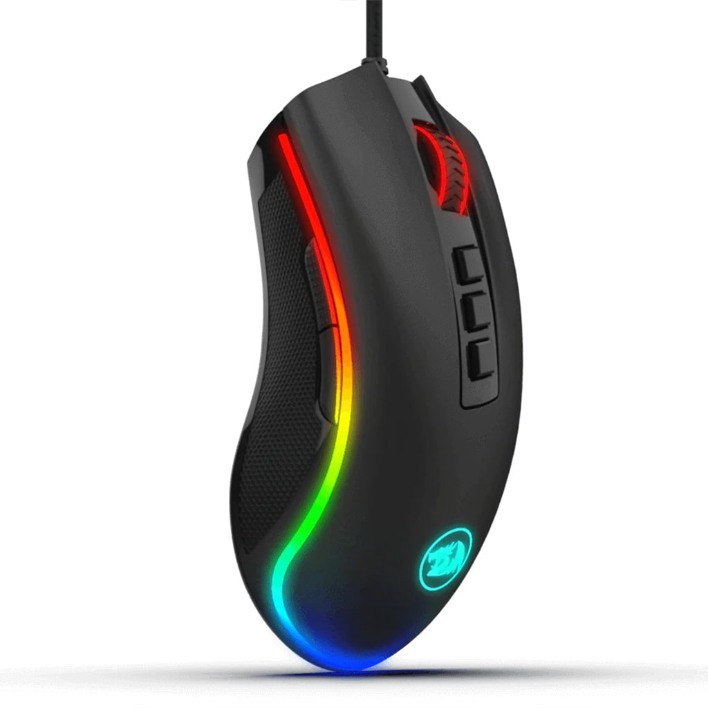 Right side view of the black Redragon M711 FPS gaming mouse with illuminated RGB lighting