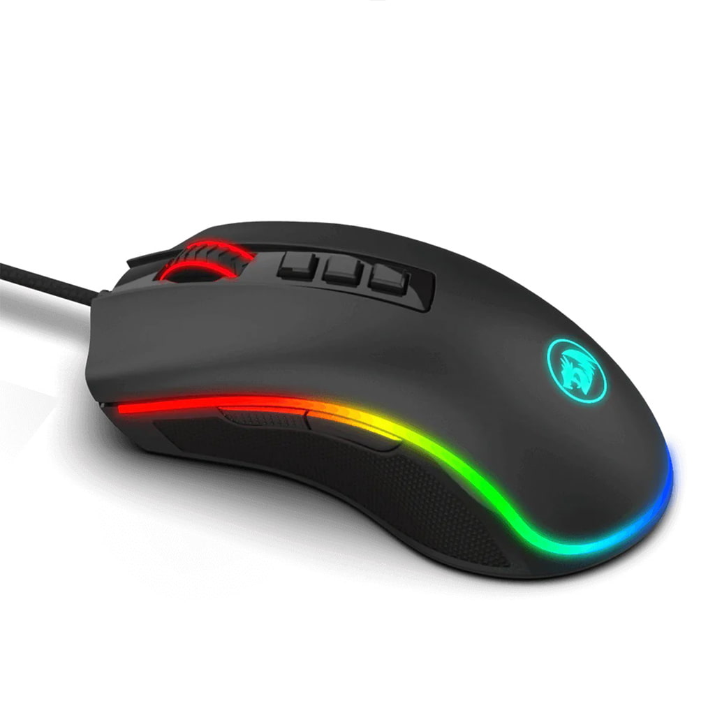 Black Redragon M711 FPS Cobra gaming mouse from a top view, designed for First-Person Shooter games with RGB lighting