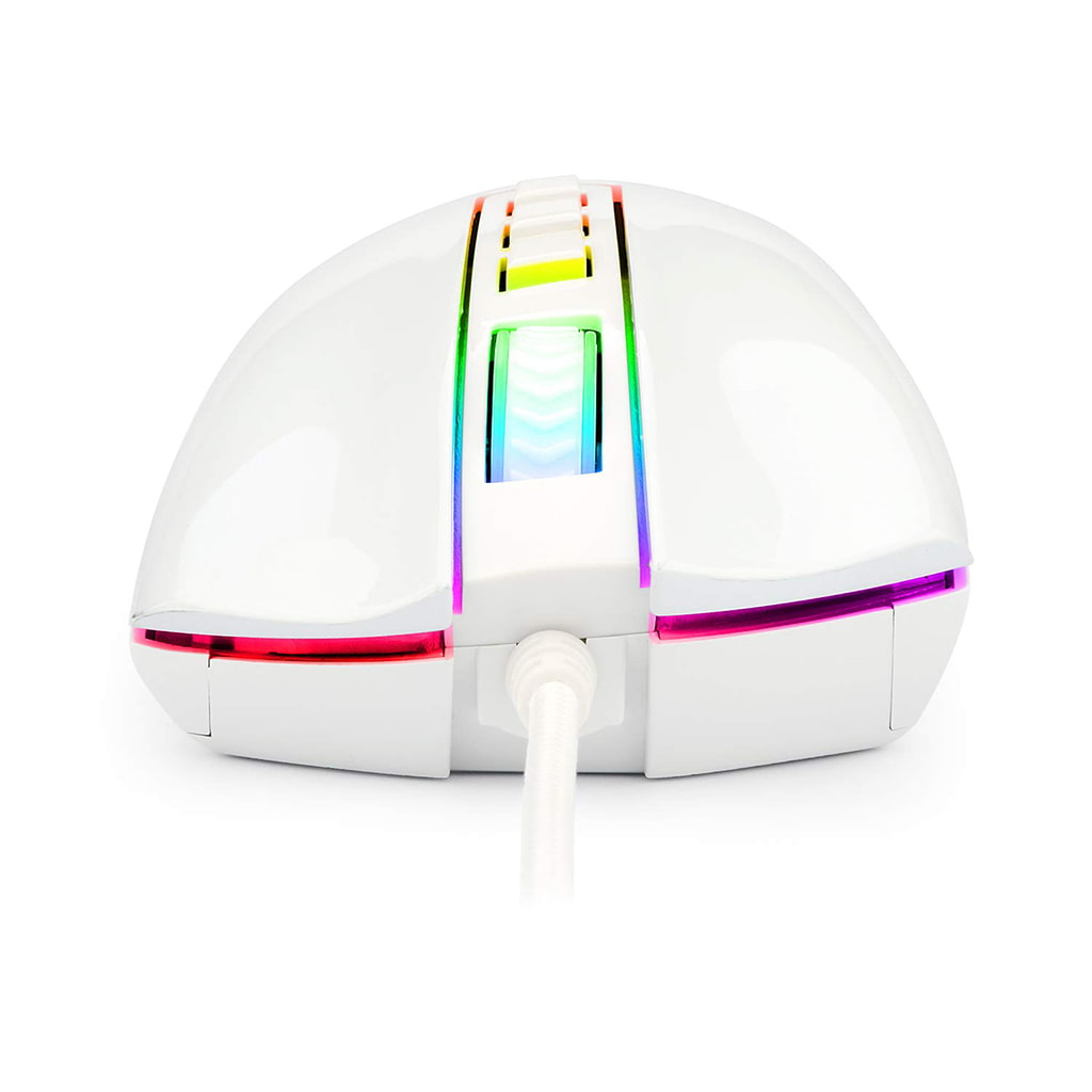 Detail of the Redragon Cobra M711 white wired mouse showing the cable connection and vibrant RGB lighting around the scroll 