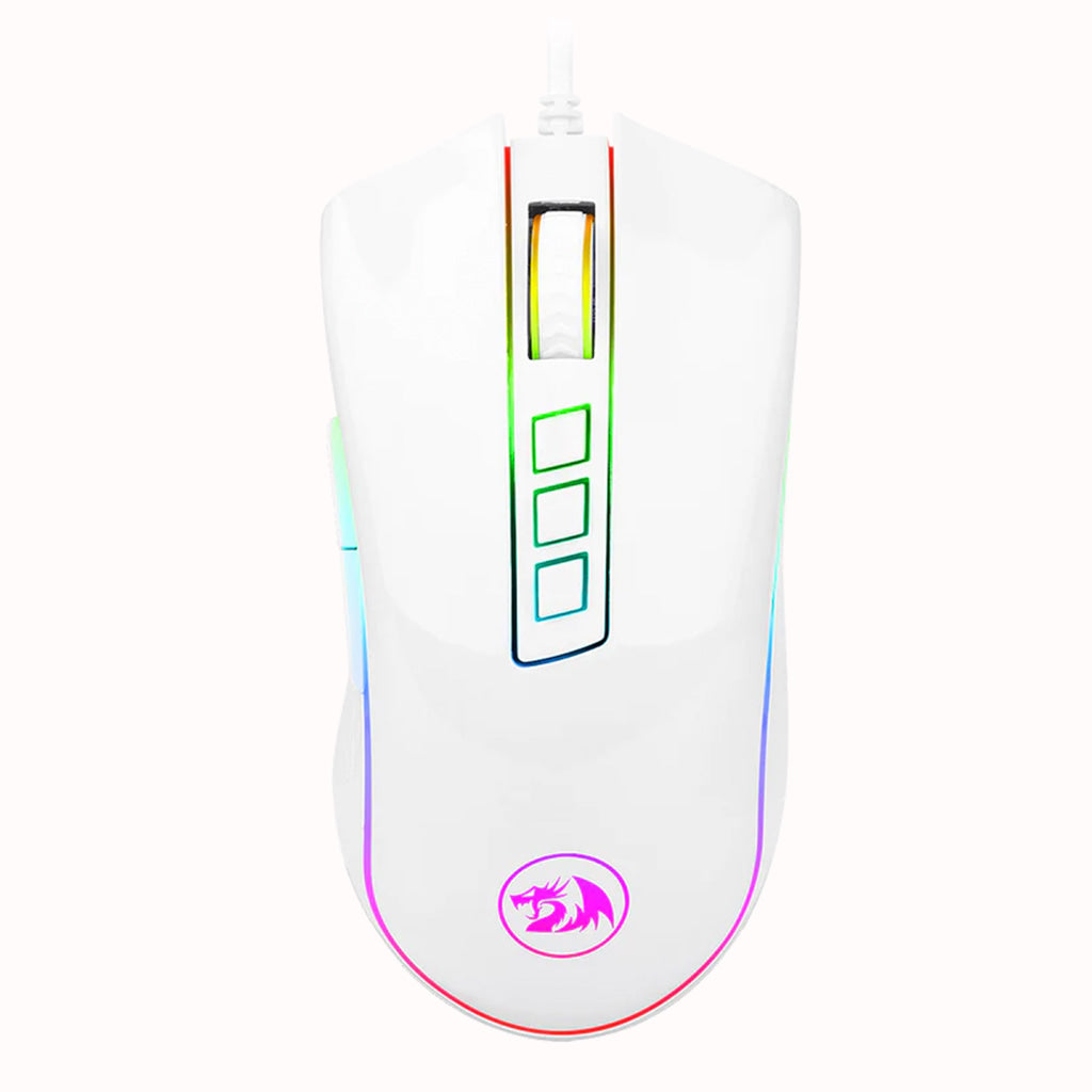 Close-up view of white Redragon Cobra M711 RGB gaming mouse, showing its ergonomic shape, textured scroll wheel with RGB lighting