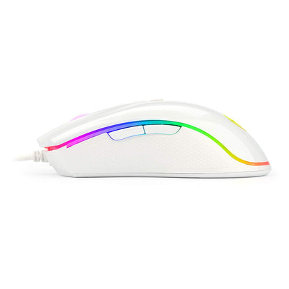 white Redragon Cobra M711 ergonomic gaming mouse, featuring two side buttons for macro assignment & textured honeycomb grip pattern