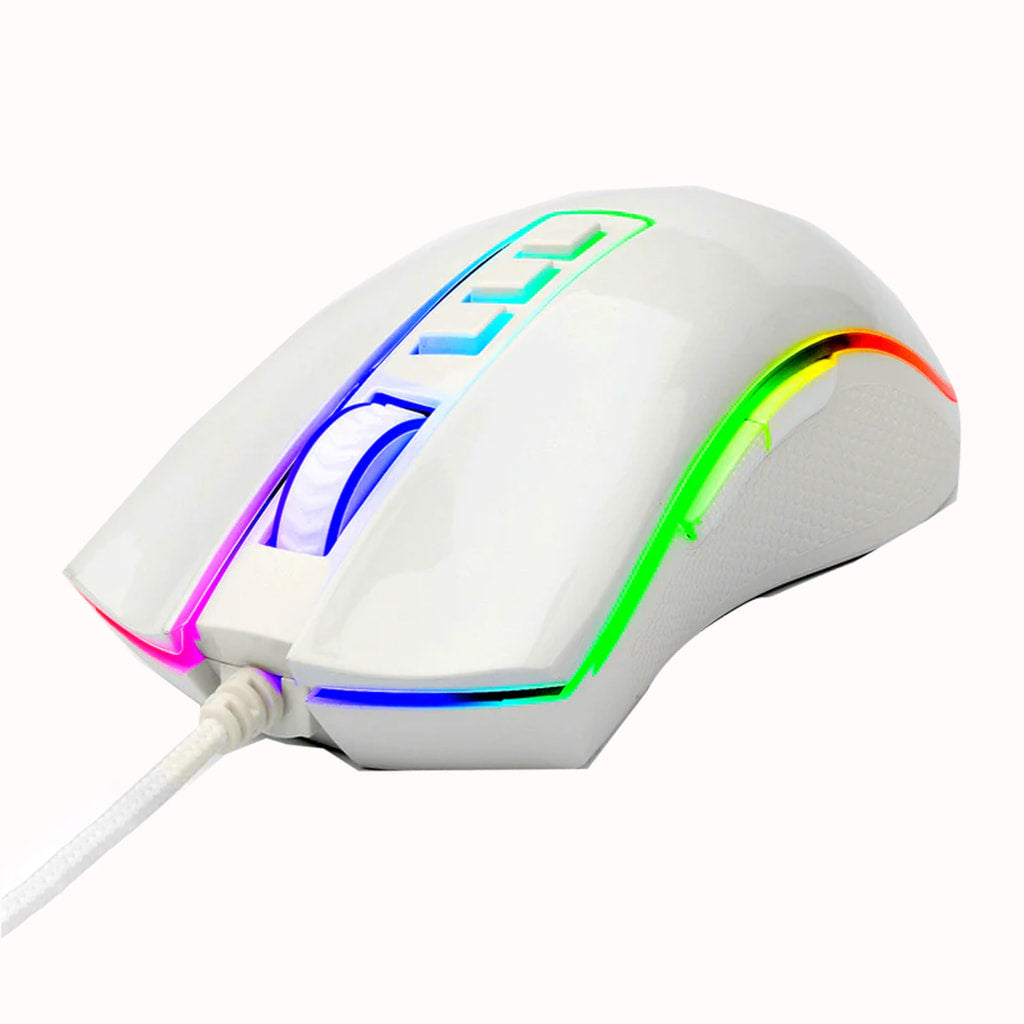 Right profile view of the white Redragon Cobra M711 gaming mouse, showing its ergonomic shape and RGB lighting accents