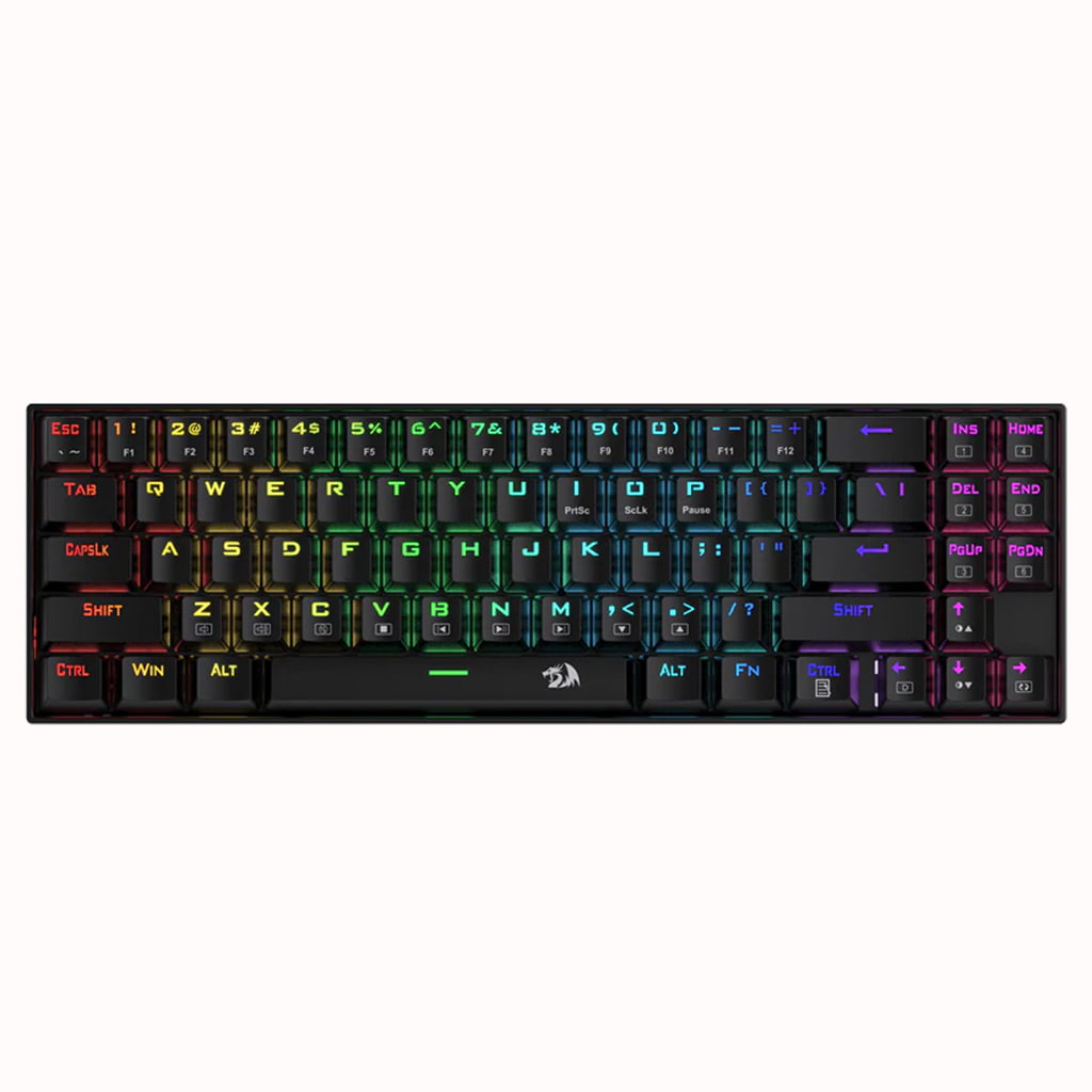 Redragon Deimos K599 60% compact tenkeyless mechanical gaming keyboard, front view showcasing vibrant RGB backlighting