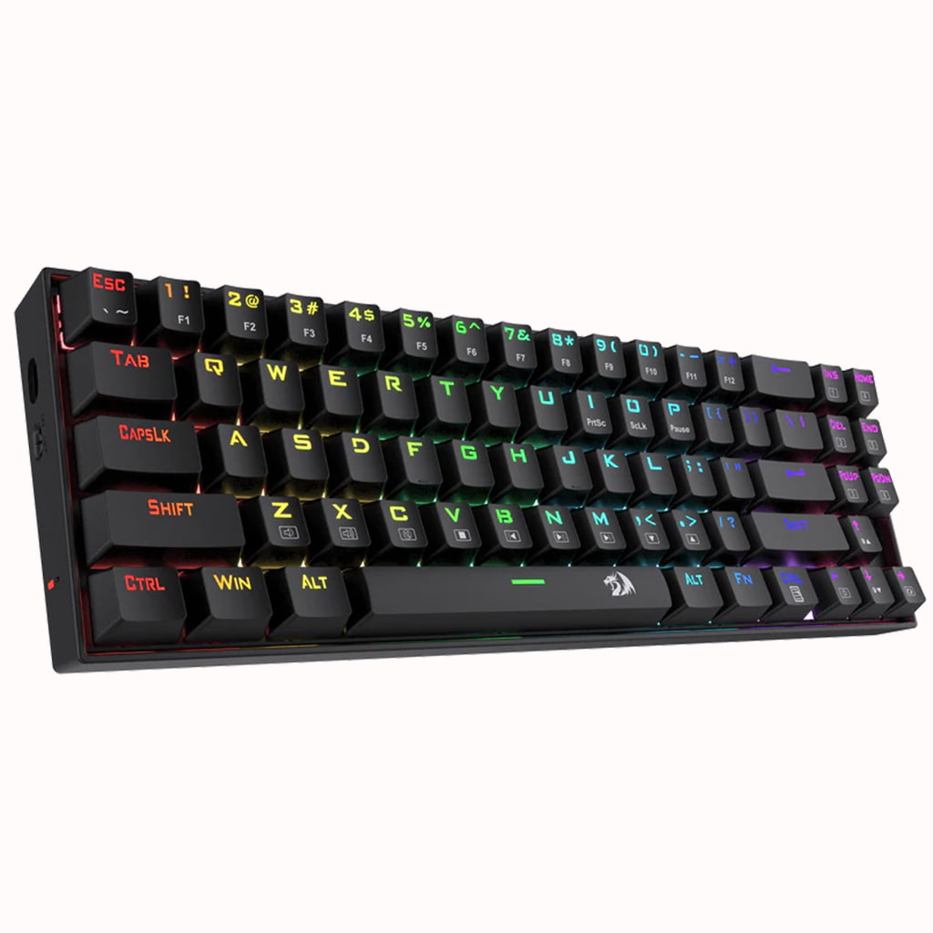 Angled left side view of the Redragon Deimos K599 gaming keyboard, showcasing its design and the illuminated keys from the side
