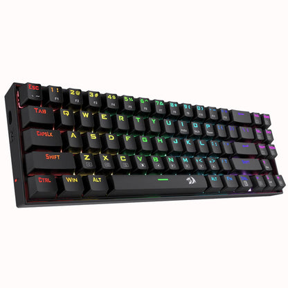 Angled left side view of the Redragon Deimos K599 gaming keyboard, showcasing its design and the illuminated keys from the side
