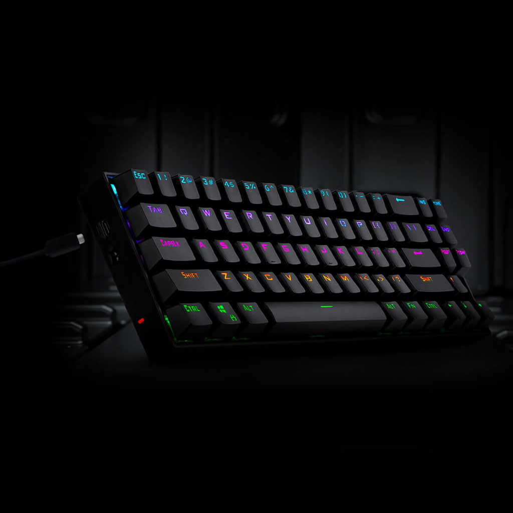 Left side view of Redragon K599 Deimos mechanical gaming keyboard with USB-C cable