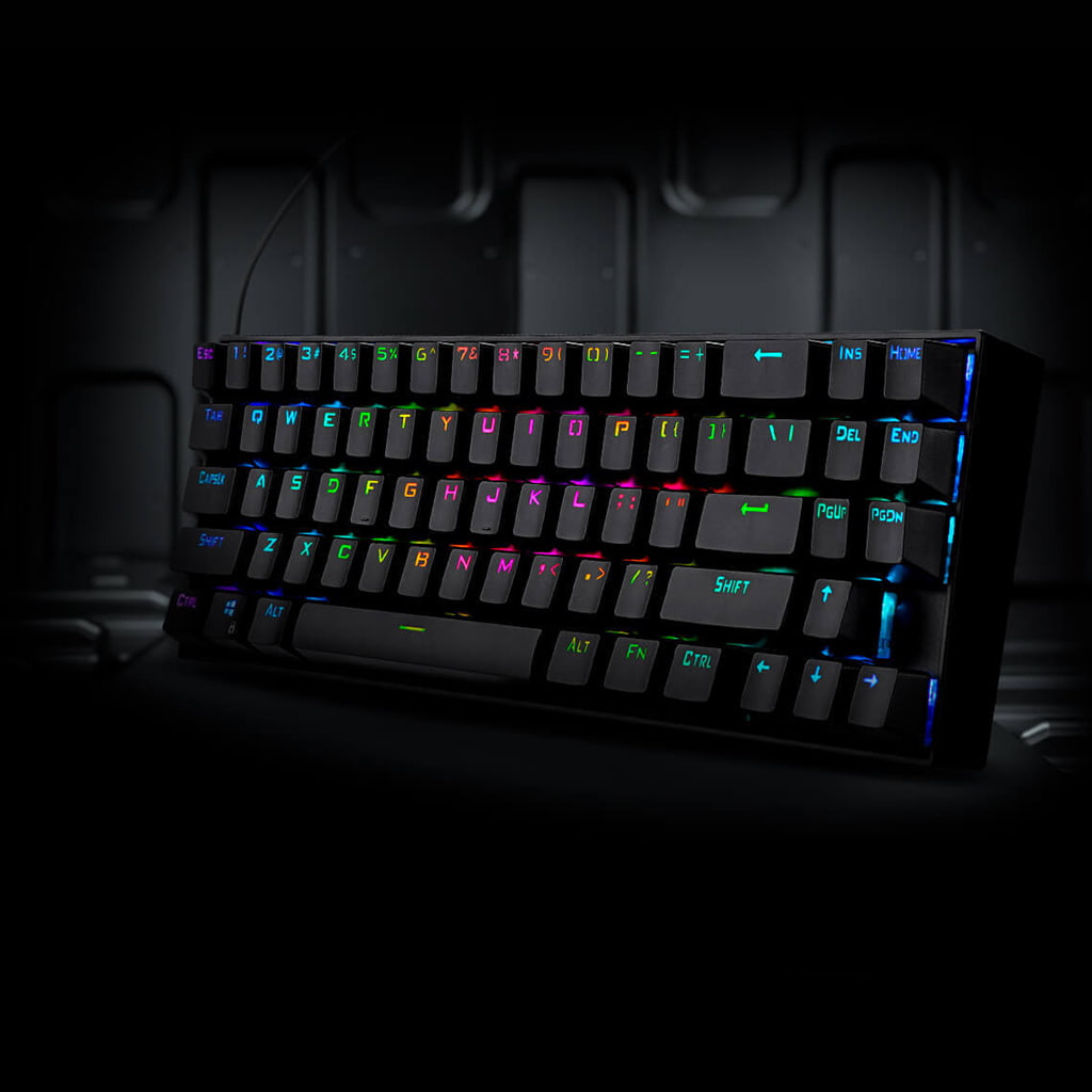 Right side angle of the Redragon Deimos K599 compact mechanical gaming keyboard, showcasing the RGB backlighting