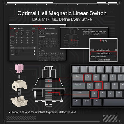 Details of Redragon FIZZ K617 keyboard's switches highlights the software interface for DKS/MT/TGL customization & a close-up of the keys