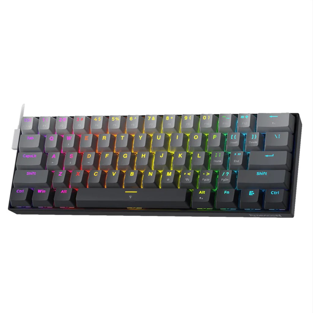 The Redragon K617 Fizz, a 60% layout mechanical keyboard, is pictured with multi-colored LED illumination under its keycaps.