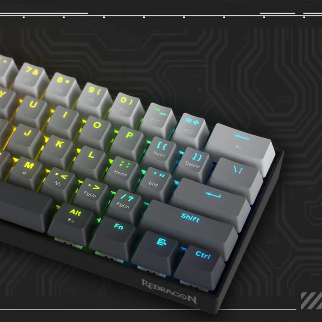 Redragon FIZZ K617 rapid trigger magnetic keyboard from above, showcasing the keys with vibrant RGB backlighting