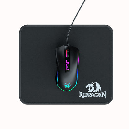 Black Redragon P029 Flick Small mouse pad with a wired RGB gaming mouse placed on top, showing the Redragon logo on the pad