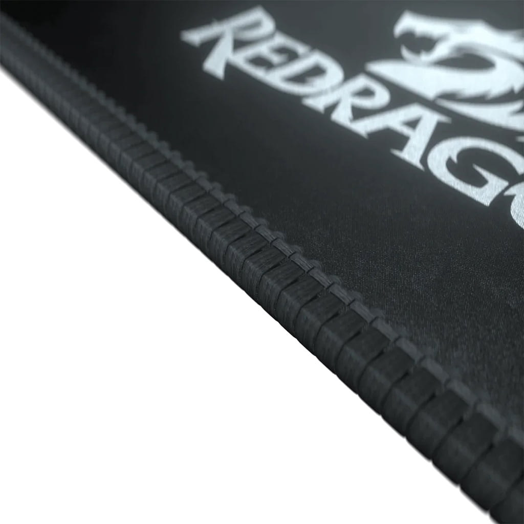 Detailed view of the quality stitching and Redragon branding on the Redragon Flick P032 XL mousepad
