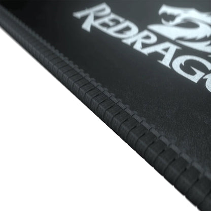 Detailed view of the quality stitching and Redragon branding on the Redragon Flick P032 XL mousepad
