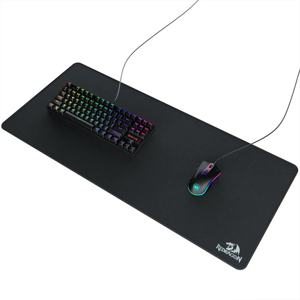 Redragon Flick P032 gaming mousepad with black mechanical keyboard with rainbow backlighting & wired gaming mouse with RGB lighting