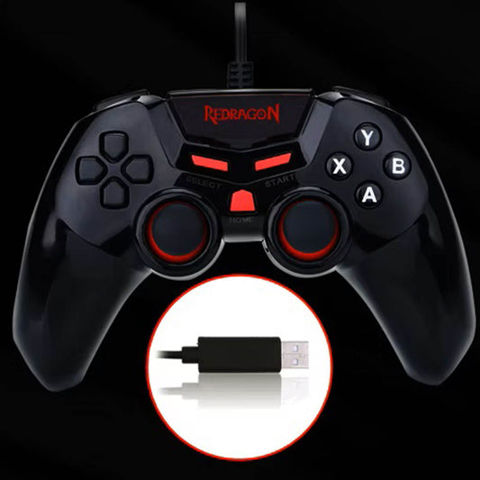 Black gaming controller with Redragon logo and USB cable inset on a dark background