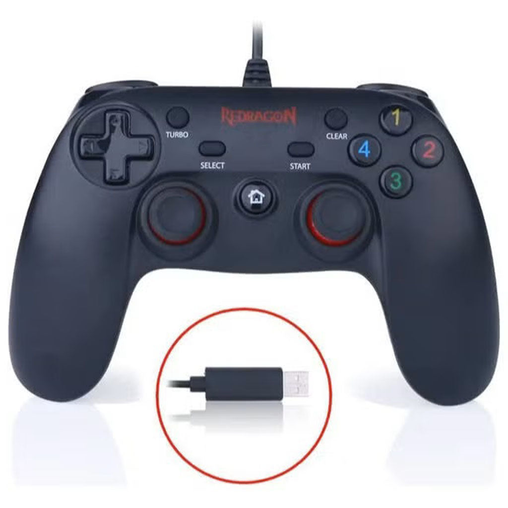 Black gaming controller with USB cable on a white background