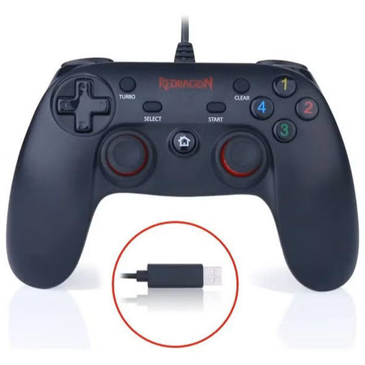 Black gaming controller with USB cable on a white background