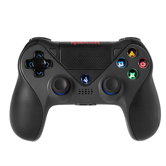 Black gaming controller with colorful buttons on a white background