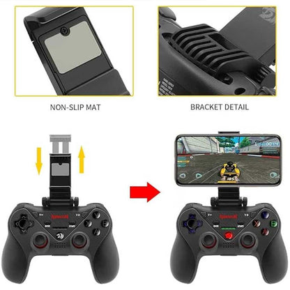 Gaming controller with phone holder and bracket details on a white background