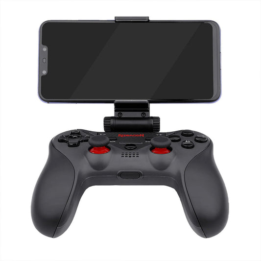 Black gaming controller with smartphone mount on a white background