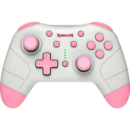 Pink and gray gaming controller with Redragon branding on a white background