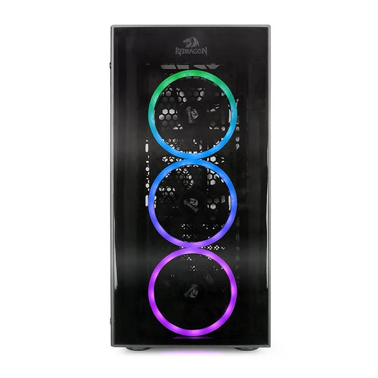 Black computer case with RGB lighting on a white background