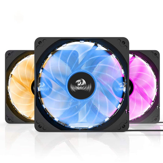 Redragon GC F006 computer case with three LED lights; blue in the center, flanked by orange on the left and pink on the right