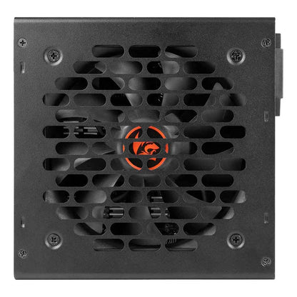 Black power supply unit with a red logo on a white background