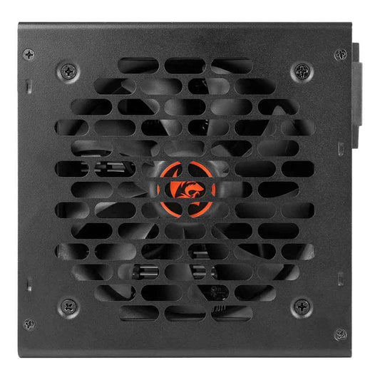 Black power supply unit with a red logo on a white background