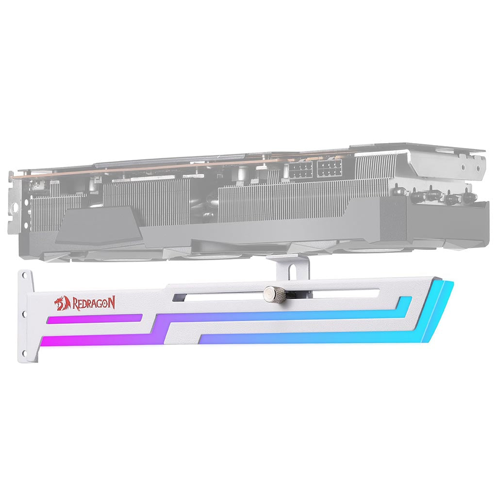 Redragon white graphics card support bracket in black, featuring RGB LED lighting with purple, blue, and cyan hues