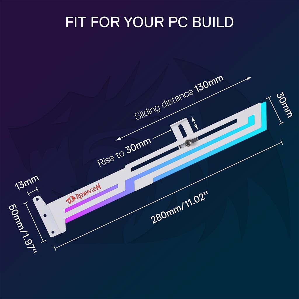 Graphic showing a Redragon white GCP03 labeled: 280mm length, 50mm height, 130mm sliding distance and 30mm rise