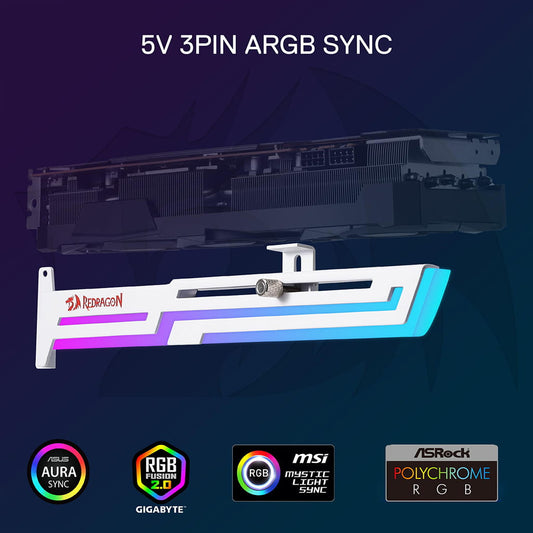 A white Redragon GCP03 graphics card support bracket with ARGB lighting is shown