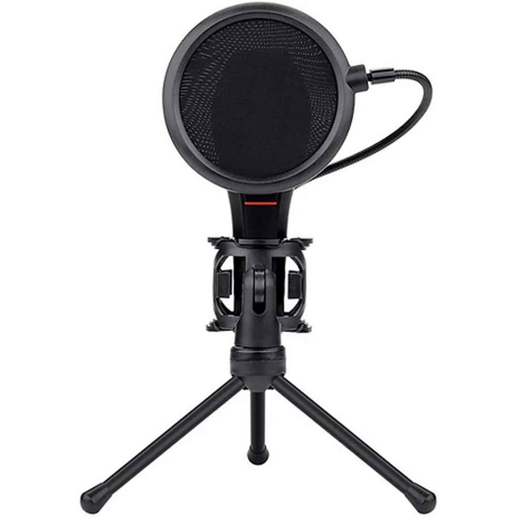 Black pop filter on a stand with a white background